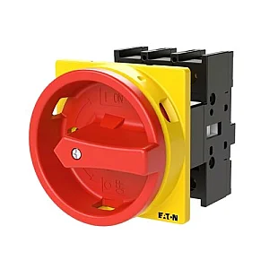 110197 - P1-25/e/svb - Main Switch, P1, 25 A, Flush Mounting, 3 Pole, Emergency Switching Off Function, With Red Rotary Handle And Yellow Locking Ring - Eaton