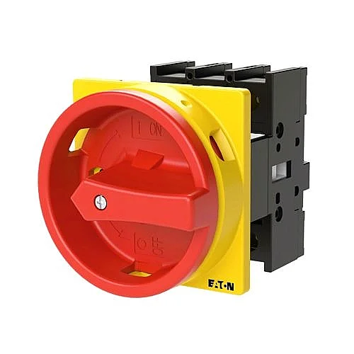 110197 - P1-25/e/svb - Main Switch, P1, 25 A, Flush Mounting, 3 Pole, Emergency Switching Off Function, With Red Rotary Handle And Yellow Locking Ring - 1