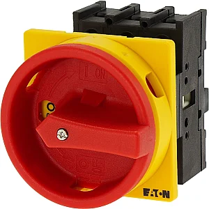 110198 - P1-32/e/svb - Main Switch, P1, 32 A, Flush Mounting, 3 Pole, Emergency Switching Off Function, With Red Rotary Handle And Yellow Locking Ring - Eaton