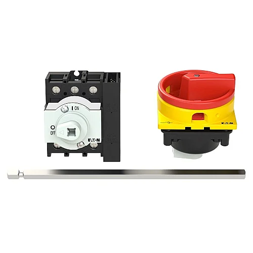 172869 - Main switch, P1, 32 A, rear mounting, 3 pole, 1 N/O, 1 N/C, Emergency switching off function, Lockable in the 0 (Off) position, With metal shaft for a control panel depth of 400 mm - 1