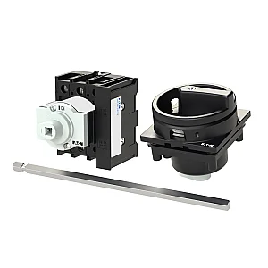172870 - Main switch, P1, 32 A, rear mounting, 3 pole, 1 N/O, 1 N/C, STOP function, With black rotary handle and locking ring, Lockable in the 0 (Off) position, With metal shaft for a control panel depth of 400 mm - Eaton