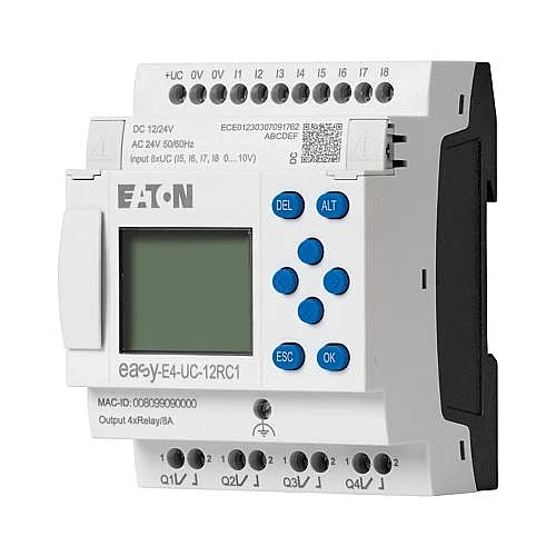 197211 - Control relays easyE4 with display (expandable, Ethernet), 12/24 V DC, 24 V AC, Inputs Digital: 8, of which can be used as analog: 4, screw terminal - 1