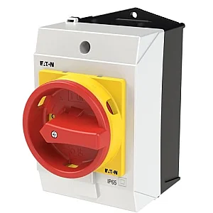 207151 - Main switch, T0, 20 A, surface mounting, 2 contact unit(s), 3 pole + N, Emergency switching off function, With red rotary handle and yellow locking ring, Lockable in the 0 (Off) position - Eaton