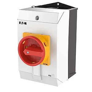 207206 - Main switch, T3, 32 A, surface mounting, 3 contact unit(s), 3 pole, 2 N/O, 1 N/C, Emergency switching off function, With red rotary handle and yellow locking ring, Lockable in the 0 (Off) position - Eaton