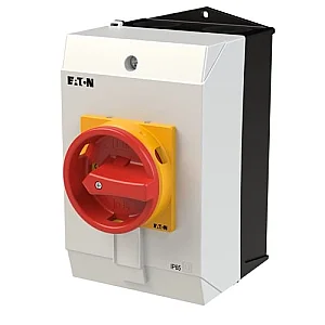 207212 - Main switch, T3, 32 A, surface mounting, 4 contact unit(s), 8-pole, Emergency switching off function, With red rotary handle and yellow locking ring, Lockable in the 0 (Off) position - Eaton