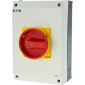 207246 - Main switch, T5B, 63 A, surface mounting, 4 contact unit(s), 6 pole, 1 N/O, 1 N/C, Emergency switching off function, With red rotary handle and yellow locking ring, Lockable in the 0 (Off) position - Eaton