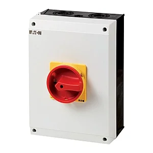 207281 - Main switch, T5, 100 A, surface mounting, 4 contact unit(s), 6 pole, 1 N/O, 1 N/C, Emergency switching off function, With red rotary handle and yellow locking ring, Lockable in the 0 (Off) position - Eaton