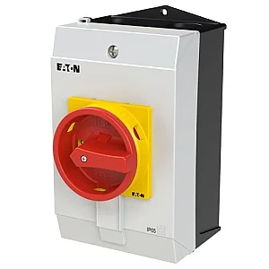 207297 - Main switch, P1, 25 A, surface mounting, 3 pole, 1 N/O, 1 N/C, Emergency switching off function, With red rotary handle and yellow locking ring, Lockable in the 0 (Off) position - Eaton