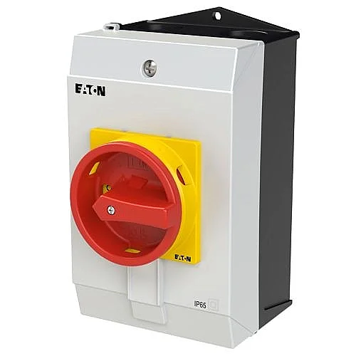 207318 - Main switch, P1, 32 A, surface mounting, 3 pole, 1 N/O, 1 N/C, Emergency switching off function, With red rotary handle and yellow locking ring, Lockable in the 0 (Off) position - 1