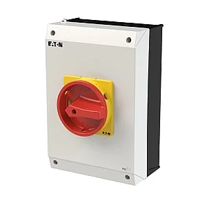 207343 - Main switch, P3, 63 A, surface mounting, 3 pole, Emergency switching off function, With red rotary handle and yellow locking ring, Lockable in the 0 (Off) position - Eaton