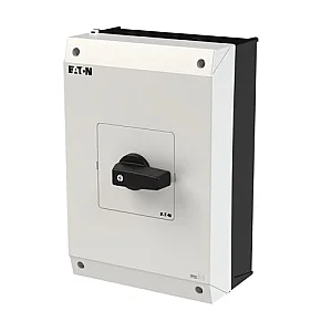207356 - On-Off switch, P3, 63 A, surface mounting, 3 pole, with black thumb grip and front plate - Eaton