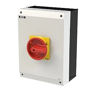 207373 - Main switch, P3, 100 A, surface mounting, 3 pole, Emergency switching off function, With red rotary handle and yellow locking ring, Lockable in the 0 (Off) position - Eaton