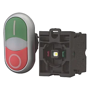 216509 - Double actuator pushbutton, RMQ-Titan, Actuators and indicator lights non-flush, momentary, 1 NC, 1 N/O, White lens, LED element, 85 - 264 V AC, green, red, inscribed, Bezel: titanium - Eaton