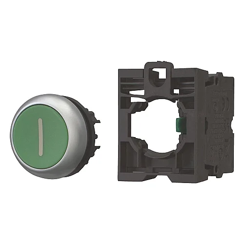 216512 - Pushbutton, RMQ-Titan, Flat, momentary, 1 N/O, green, inscribed, Bezel: titanium - 1