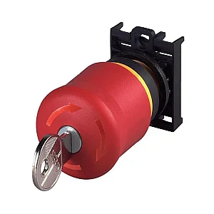 216514 - Emergency stop/emergency switching off pushbutton, RMQ-Titan, Mushroom-shaped, 38 mm, Non-illuminated, Key-release, 1 NC, Red, yellow, RAL 3000, Not suitable for master key systems - Eaton