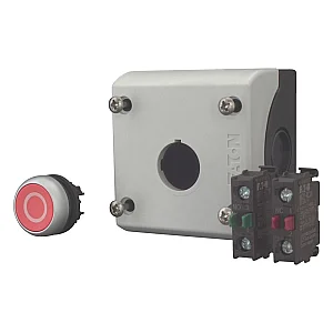 216521 - Pushbutton, RMQ-Titan, Enclosure, momentary, 1 NC, 1 N/O, red, inscribed, Bezel: titanium - Eaton