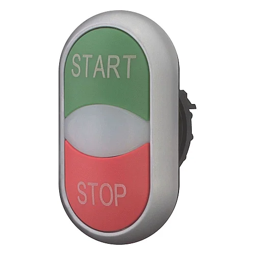 216702 - Double actuator pushbutton, RMQ-Titan, Actuators and indicator lights non-flush, momentary, White lens, green, red, inscribed, Bezel: titanium, START/STOP - 1