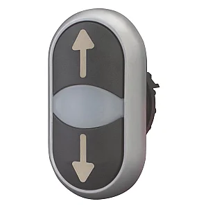 216710 - Double actuator pushbutton, RMQ-Titan, Actuators and indicator lights non-flush, momentary, White lens, black, black, inscribed, Bezel: titanium, arrow up - Eaton