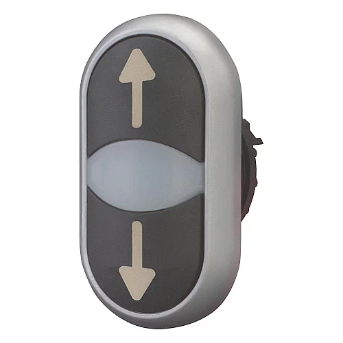 216710 - Double actuator pushbutton, RMQ-Titan, Actuators and indicator lights non-flush, momentary, White lens, black, black, inscribed, Bezel: titanium, arrow up - 1