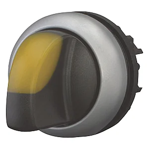 216849 - Illuminated selector switch actuator, RMQ-Titan, With thumb-grip, maintained, 3 positions, yellow, Bezel: titanium - Eaton