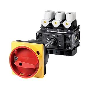 280942 - Main switch, P5, 250 A, rear mounting, 3 pole, Emergency switching off function, With red rotary handle and yellow locking ring, Lockable in the 0 (Off) position - Eaton