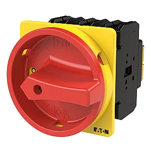 31607 - P3-63/ea/svb - Main Switch, P3, 63 A, Flush Mounting, 3 Pole, Emergency Switching Off Function, With Red Rotary Handle And Yellow Locking Ring, Lockable In The 0 (off) Position - Eaton