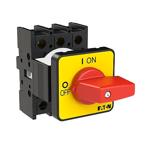3197 - P1-32/e-rt - On-off Switch, P1, 32 A, Flush Mounting, 3 Pole, Emergency Switching Off Function, With Red Thumb Grip And Yellow Front Plate - 1