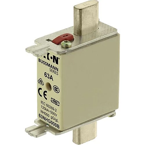 63NHG000B - Fuse-link, LV, 63 A, AC 500 V, NH000, gL/gG, IEC, dual indicator, live gripping lugs - 1