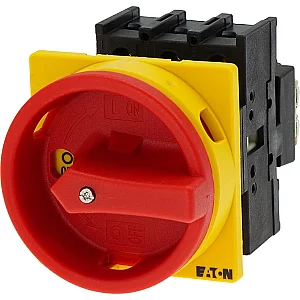 81438 - P1-32/ea/svb - Main Switch, P1, 32 A, Flush Mounting, 3 Pole, Emergency Switching Off Function, With Red Rotary Handle And Yellow Locking Ring, Lockable In The 0 (off) Position - Eaton