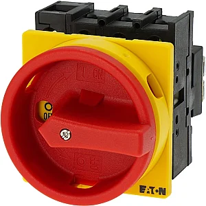 91079 - P1-32/ea/svb/n - Main Switch, P1, 32 A, Flush Mounting, 3 Pole + N, Emergency Switching Off Function, With Red Rotary Handle And Yellow Locking Ring, Lockable In The 0 (off) Position - Eaton