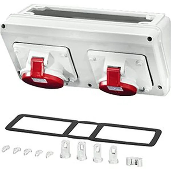 Hensel - Connection box with 1 x CEE receptacle 16 A, 5-pole, and 1 x CEE receptacle 32 A, 5-pole + PE. For mounting on enclosure walls 300 mm. Plug sockets can be rotated by 90°. - Hensel