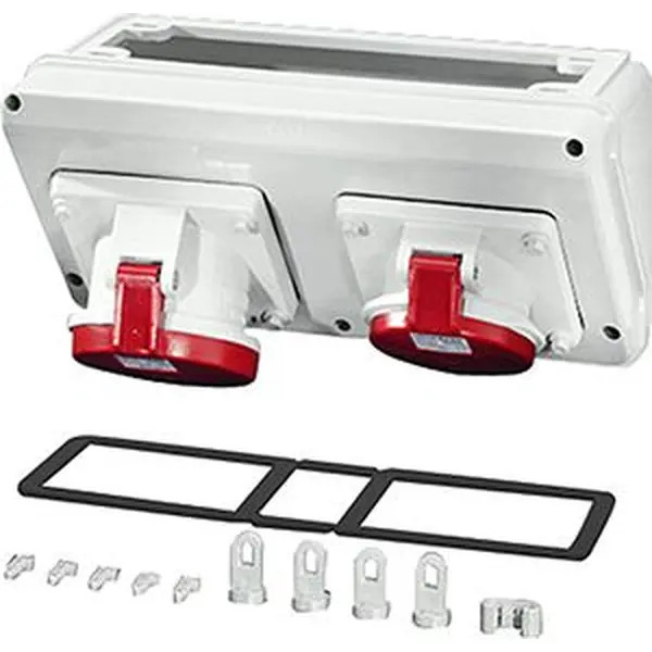 Hensel - Connection box with 1 x CEE receptacle 32 A, 5-pole, and 1 x CEE receptacle 63 A, 5-pole + PE. For mounting on enclosure walls 300 mm. - Hensel
