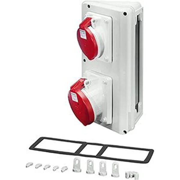 Hensel - Connection box with 1 x CEE receptacle 32 A, 5-pole, and 1 x CEE receptacle 63 A, 5-pole + PE. For lateral mounting on enclosure walls 300 mm. - Hensel