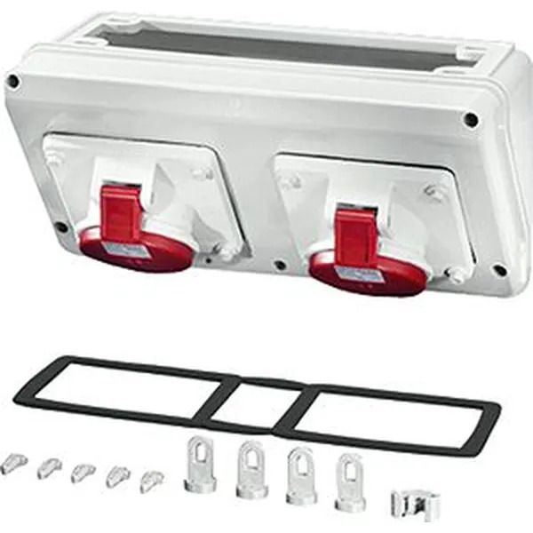 Hensel - Connection box with 2 x CEE receptacles 16 A, 5-pole. For mounting on enclosure walls 300 mm. Plug sockets can be rotated by 90°. - Hensel