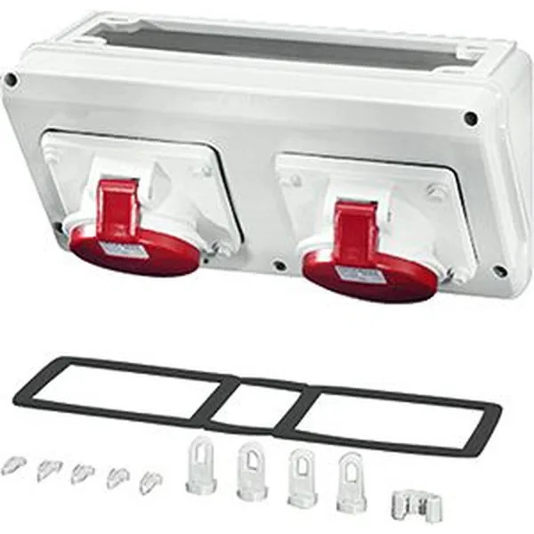 Hensel - Connection box with 2 x CEE receptacles 32 A, 5-pole. For mounting on enclosure walls 300 mm. Plug sockets can be rotated by 90°. - Hensel