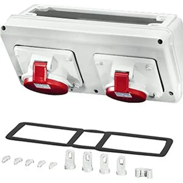 Hensel - Connection box with 1 x CEE receptacle 16 A, 5-pole, and 1 x CEE receptacle 32 A, 5-pole + PE. For mounting on enclosure walls 300 mm. Plug sockets can be rotated by 90°. - 1