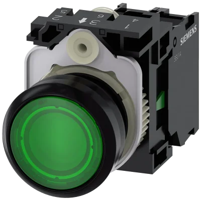 Siemens - 3SU1106-0AB40-1BA0 - Illuminated Pushbutton, 22 Mm, Round, Plastic, Green, Pushbutton, Flat, Momentary Contact Type, With Holder, 1 No, Led Module With Integrated Led 230 V Ac, Screw Terminal - 1