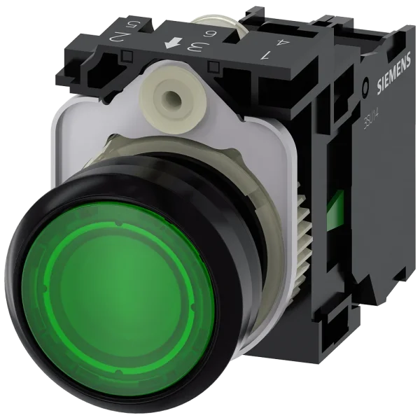 Siemens - 3SU1106-0AB40-1BA0 - Illuminated Pushbutton, 22 Mm, Round, Plastic, Green, Pushbutton, Flat, Momentary Contact Type, With Holder, 1 No, Led Module With Integrated Led 230 V Ac, Screw Terminal - 1